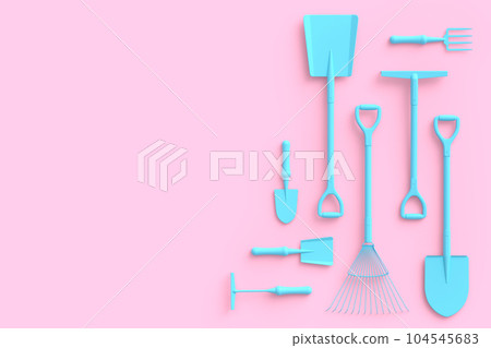 Garden shovel, pitchfork and rake on monochrome background, camping concept 104545683