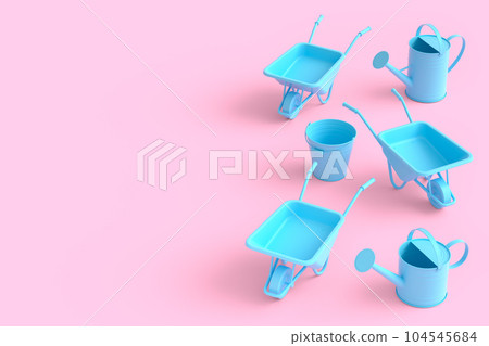 Garden wheelbarrow with garden tools like water can, rake and bucket 104545684