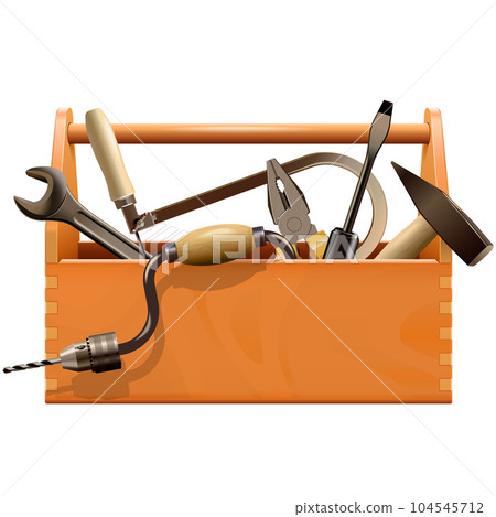 Vector Wooden Toolbox with Old Retro Tools 104545712