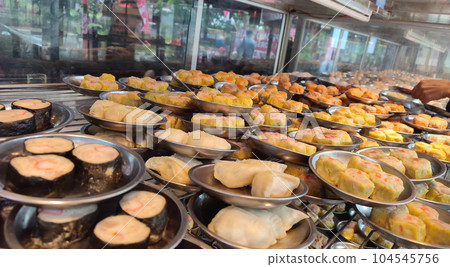 Assorted dimsums displayed for sale at the restaurant in Surabaya, Indonesia. 104545756
