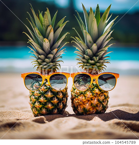 Pineapples in Sunglasses on the Sand at the Beach 104545789