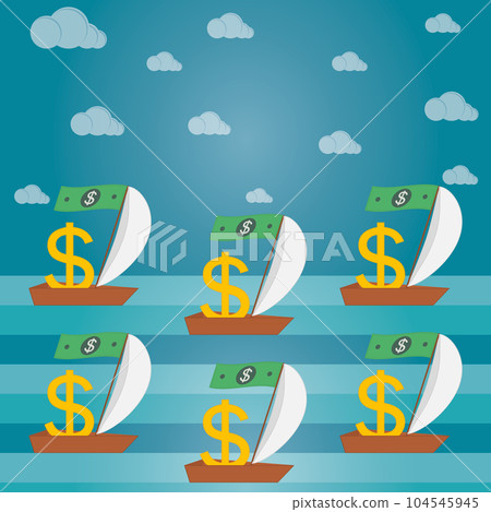 Golden dollar signs sail in boats with sails. Paper dollars on masts instead of flags. Money, finance, business concept. Vector illustration. Golden dollar signs sail in boats with sails. Paper dollars on masts instead of flags. Money, finance, business concept. Vector illustration. 104545945