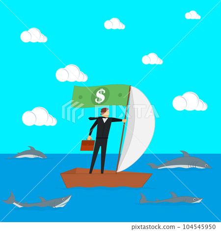 The concept of risks in business and management. Businessman on a sailing boat surrounded by sharks. Vector illustration. 104545950