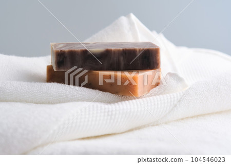 Beauty handmade soap on a terry towel. 104546023