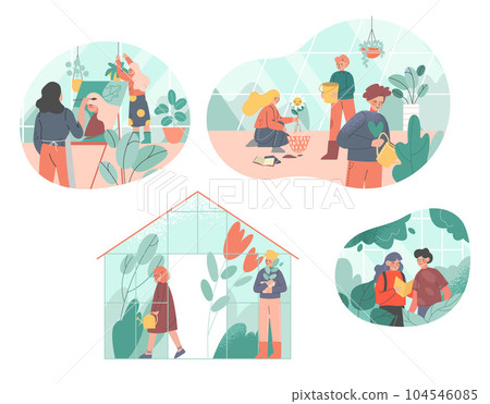 People Character at Greenhouse Planting and Cultivating Crops Vector Set People Character at Greenhouse Planting and Cultivating Crops Vector Set 104546085