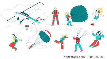 Air Sport with People Character Parachuting and Skydiving Vector Set 104546189