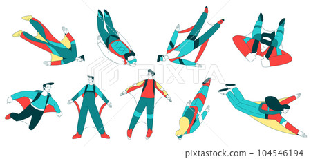 Air Sport with People Character Parachuting and Wingsuit Flying Vector Set 104546194