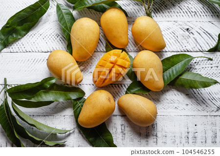 Ripe mangoes on white wood 104546255