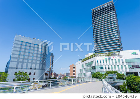 Kumamoto Station The view from the square in front of the Shirakawaguchi (East Exit) of Kumamoto Station with the blue sky in the background (Kumamoto City) 104546439