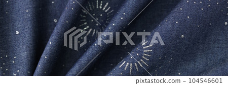 Dark blue jeans fabric with white geometric print with dots Dark blue jeans fabric with white geometric print with dots 104546601