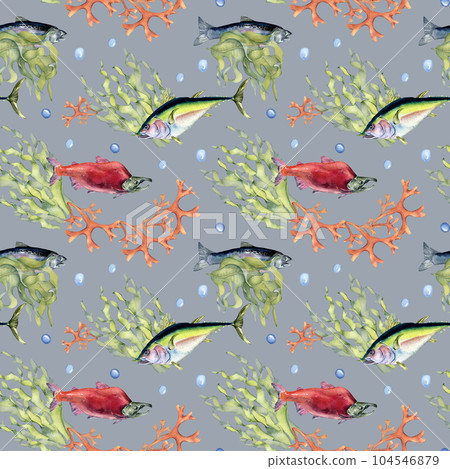 Various wild sea fish seamless pattern watercolor illustration isolated on blue. Seaweeds, tuna, salmon, coho, sea plants hand drawn. Design element for textile, packaging, paper, wrapping, banner Various wild sea fish seamless pattern watercolor illustration isolated on blue. Seaweeds, tuna, salmon, coho, sea plants hand drawn. Design element for textile, packaging, paper, wrapping, banner 104546879