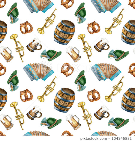Wooden barrel, pint of beer, german hat, accordion watercolor seamless pattern isolated on white. Pretzel, wheat ear, trumpet hand drawn. Design for beer festival, brewing, wrapping, background Wooden barrel, pint of beer, german hat, accordion watercolor seamless pattern isolated on white. Pretzel, wheat ear, trumpet hand drawn. Design for beer festival, brewing, wrapping, background 104546881