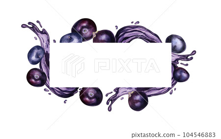 Frame of acai berries and juice splash watercolor illustration isolated on white. Exotic amazon small purple berries, tropical fruit hand drawn. Design element for packaging, label, kitchen utensil 104546883