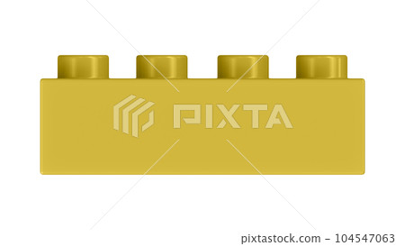 Old Gold Lego Block Isolated on a White Background. Close Up View of a Plastic Children Game Brick for Constructors, Front View. High Quality 3D Rendering with a Work Path. 8K Ultra HD, 7680x4320 104547063