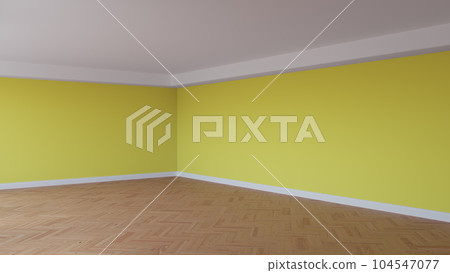 Corner of the Yellow Interior with a White Ceiling and Cornice, Glossy Herringbone Parquet Floor, and a White Plinth. Unfurnished Room Concept. 3D illustration, Ultra HD 8K, 7680x4320, 300 dpi Corner of the Yellow Interior with a White Ceiling and Cornice, Glossy Herringbone Parquet Floor, and a White Plinth. Unfurnished Room Concept. 3D illustration, Ultra HD 8K, 7680x4320, 300 dpi 104547077