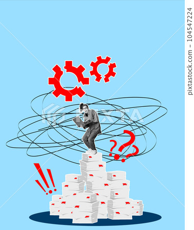 Young woman, employee shouting, standing on many documents around. Many tasks, deadlines and projects. Contemporary art collage. 104547224