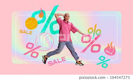 Young girl in stylish casual clothes over pink background with design elements. Mega sales for your shopping. Contemporary art collage. 104547273