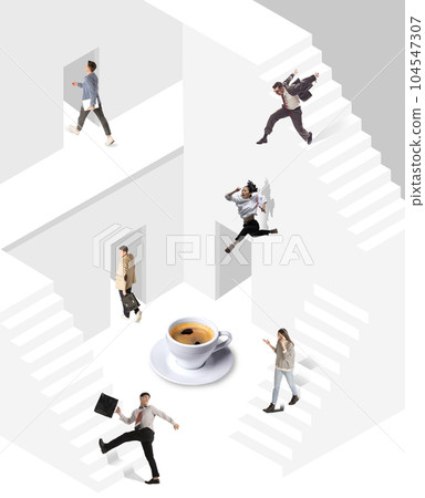 Group of employees, men and women walking in office. Different departments. Motivation and ambitions. Creative conceptual collage. Group of employees, men and women walking in office. Different departments. Motivation and ambitions. Creative conceptual collage. 104547307