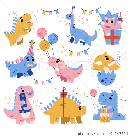 Dino Party with Happy Dinosaurs with Balloon and Gift Box Vector Set 104547764