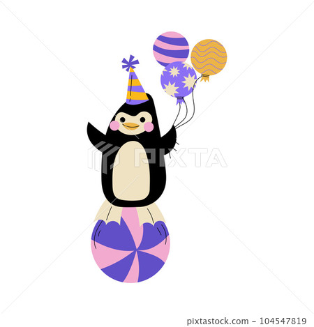 Circus Penguin Animal Stand on Ball with Bunch of Balloons Vector Illustration 104547819