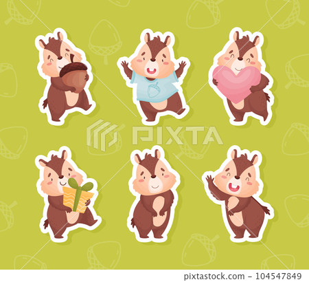 Cute Brown Chipmunk Character in Different Pose Vector Sticker Set Cute Brown Chipmunk Character in Different Pose Vector Sticker Set 104547849
