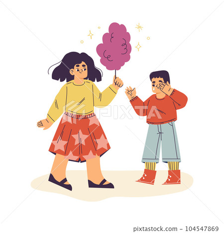 Little Girl Give Candy Floss to Boy Supporting and Comforting Sad Friend Vector Illustration 104547869