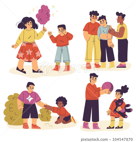 Little Children Supporting and Comforting Crying Friend Vector Illustration Set 104547870