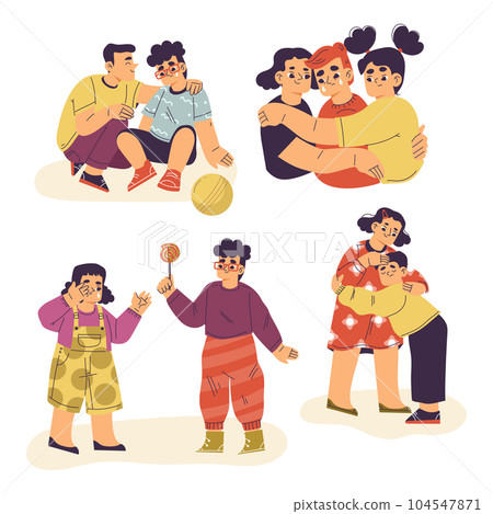 Little Children Supporting and Comforting Crying Friend Vector Illustration Set 104547871