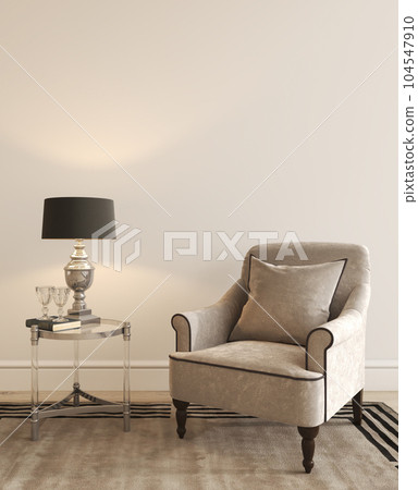 Home interior design livingroom. Mock-up white wall. Armchair, table and decor with lamp. 3d rendering illustration modern classic style Home interior design livingroom. Mock-up white wall. Armchair, table and decor with lamp. 3d rendering illustration modern classic style 104547910