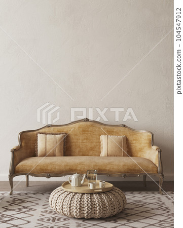 Vintage livingroom interior design with yellow lounge sofa. White wall mockup. 3d rendering illustration Vintage livingroom interior design with yellow lounge sofa. White wall mockup. 3d rendering illustration 104547912