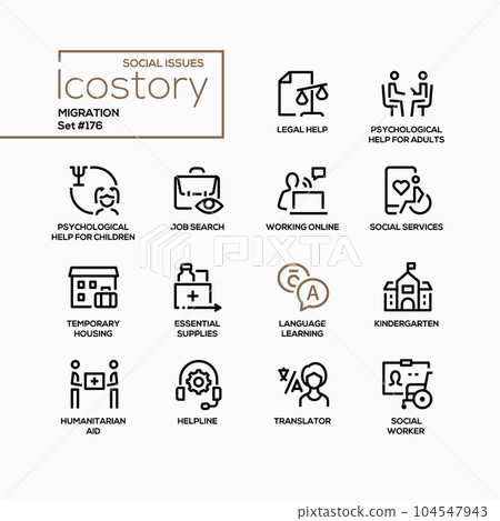 Social assistance for migrants - line design style icons set Social assistance for migrants - line design style icons set 104547943