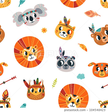 Tribal animals seamless pattern. Animal boho style faces background. Woodland indian characters, child fabric print design. Classy vector texture 104548423