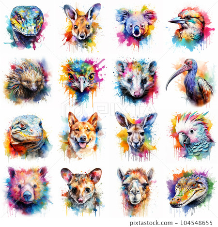Australian animal set painted with watercolors on a white background in a realistic manner, multicolored and iridescent. Australian animal set painted with watercolors on a white background in a realistic manner, multicolored and iridescent. 104548655