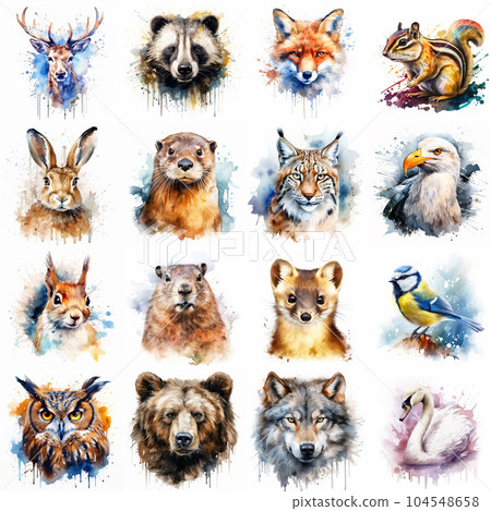 European animal set painted with watercolors on a white background in a realistic manner, multicolored and iridescent. 104548658