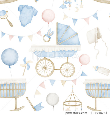 Seamless watercolor Pattern with Baby Toys and rattles. Hand drawn illustration with pinwheel, teether, balloons and garlands on isolated background. Ornament in pastel colors for childish textile. 104548781