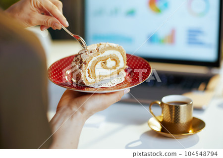 Closeup on modern woman with laptop and piece of cake Closeup on modern woman with laptop and piece of cake 104548794