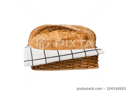 Freshly baked bread on basket isolated on white background. Perspective view bread copy space Freshly baked bread on basket isolated on white background. Perspective view bread copy space 104548883