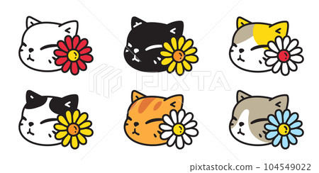 cat vector kitten icon flower daisy neko calico face pet smiling character cartoon doodle symbol tattoo stamp scarf illustration design isolated 104549022