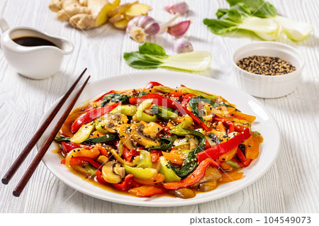 Stir Fry Vegetables on white plate, top view 104549073