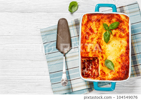 lasagne al forno, italian beef lasagna, top view lasagne al forno, italian beef lasagna, top view 104549076