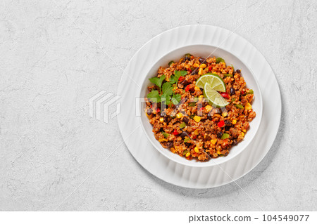 Mexican ground beef casserole with rice, beans Mexican ground beef casserole with rice, beans 104549077