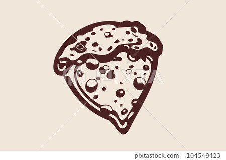 Pizza slice with melted cheese and pepperoni. Vector cartoon sticker in comic style with contour. Design element food for greeting card, poster, print for clothes, emblem. 104549423