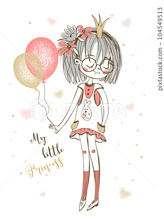 Cute little Princess with balloons. Vector. 104549513