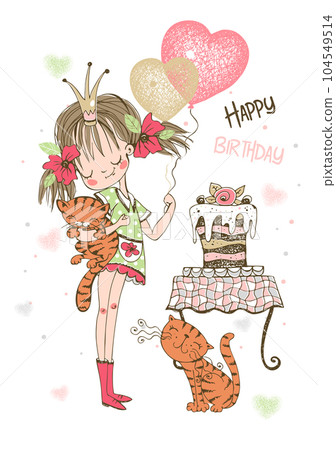 Birthday card with cute girl with cake and balloons. Vector. 104549514