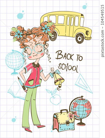 Cute girl goes to school. A schoolgirl with a school bell. Back to school. Vector 104549515