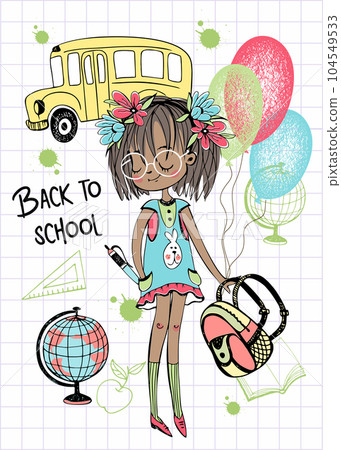 Cute dark-skinned girl with pigtails with a school backpack goes to school. Back to school. Vector Cute dark-skinned girl with pigtails with a school backpack goes to school. Back to school. Vector 104549533