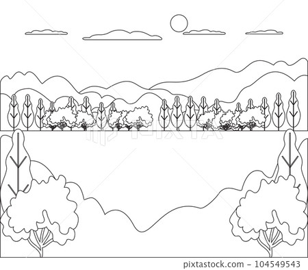 Landscape cartoon vector illustration. Graphic design panorama with nature, mountain, hill, tree, sky, cloud, sun. Countryside style abstract background thin line concept for social media, story, post 104549543