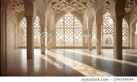 The intricate lattice work of the mosque 3d illustration - Generative AI. 104549644