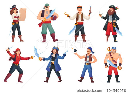 Corsairs characters. Cartoon pirates character, people in pirate costume corsair captain with hook hand sea rover happy sailors or buccaneer man pirat ingenious vector illustration 104549958