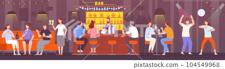Friends in pub interior. People hangout bar counter, dancing party guy drink alcoholic beverage meeting happiness company waiter work night restaurant, splendid vector illustration Friends in pub interior. People hangout bar counter, dancing party guy drink alcoholic beverage meeting happiness company waiter work night restaurant, splendid vector illustration 104549968